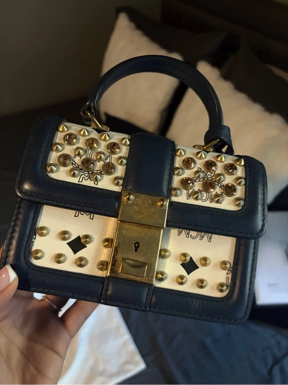 MCM Navy and Cream Studded Top-Handle Satchel with Gold Hardware